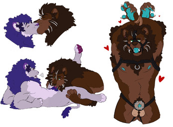 anthro arm_tuft armpit_hair arms_tied athletic athletic_anthro athletic_male balls barbell_piercing bdsm blue_penis bodily_fluids body_hair bondage bound breath brown_body brown_fur chastity_cage chastity_device countershade_crotch countershade_face countershade_torso countershading dripping duo erection eyebrow_barbell eyebrow_piercing facial_piercing fellatio fur genital_fluids genitals green_eyes grey_body grey_fur harness heart_symbol kissing lying male male/male male_anthro male_penetrated male_penetrating male_penetrating_male mane nipple_barbell nipple_piercing nipples nude nude_anthro nude_male on_back open_mouth oral panting pawpads penetration penile penis penis_in_mouth penis_tip piercing precum precum_drip purple_body purple_fur purple_penis sex simple_background submissive submissive_male tail tan_body tan_fur teal_body tongue tongue_out tuft white_background labradorszn sebastian_(labradorszn) felid lion mammal pantherine 2019 hi_res
