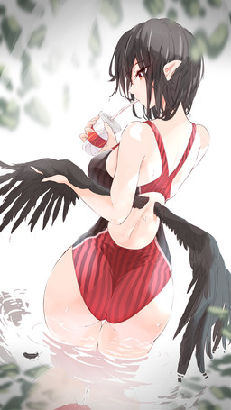 black_hair black_wings butt clothing container cup drinking drinking_straw feathered_wings feathers female hair humanoid_pointy_ears looking_at_viewer looking_back looking_back_at_viewer one-piece_swimsuit partially_submerged pattern_clothing pattern_swimwear pointy_ears rear_view red_eyes short_hair solo striped_clothing striped_swimwear stripes swimwear water wet wings edf_(pixiv) asian_mythology east_asian_mythology japanese_mythology mythology touhou aya_shameimaru animal_humanoid avian avian_humanoid bird bird_humanoid corvid corvid_humanoid corvus_(genus) corvus_humanoid crow_humanoid humanoid oscine passerine tengu winged_humanoid yokai hi_res