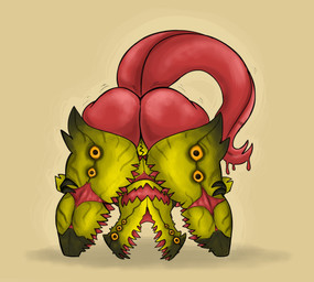 big_butt black_eyes butt female green_body huge_butt looking_at_viewer looking_back looking_back_at_viewer multi_eye orange_sclera pink_body pink_tail rear_view sharp_teeth simple_background solo tail tan_background teeth thick_thighs wide_hips untaxedcroc humanoid monster monstrous_humanoid hi_res
