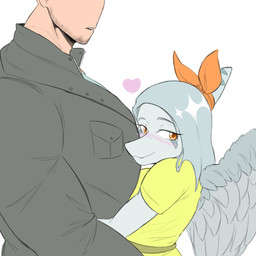 amber_eyes anthro blush blush_lines bone_frill clothing dress duo eyelashes feathered_wings feathers female female_on_human frill_(anatomy) grey_body grey_clothing grey_hair grey_jacket grey_scales grey_topwear hair heart_symbol hug human_on_anthro interspecies jacket light-skinned_male light_body light_skin long_hair male male/female male_on_anthro military_jacket scales simple_background smile snout stubble topwear wings yellow_clothing yellow_dress yonstar_studios cavemanon_studios goodbye_volcano_high ko_op_(game_developer) snoot_game anon_(snoot_game) fang_(gvh) human mammal prehistoric_species pterosaur reptile scalie 1:1 2024 digital_drawing_(artwork) digital_media_(artwork) hi_res