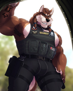 amber_eyes anthro armpit_hair belt body_hair braided_hair brown_body brown_fur bulge bulletproof_vest fur gun hair handgun holster holstered_pistol jewelry looking_at_viewer male mandalorian_insignia mjolnir mjolnir_necklace necklace ranged_weapon security security_guard solo tattoo weapon whisker_spots dream_and_nightmare european_mythology halo_(series) halo_odst microsoft mythology norse_mythology star_wars the_mandalorian warhammer_(franchise) warhammer_40000 xbox_game_studios canid canine canis mammal wolf 4:5 hi_res