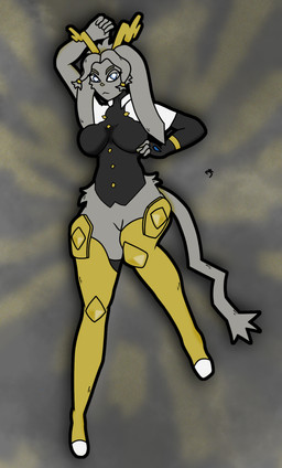 anthro antlers breasts clothed clothing female fur grey_body grey_fur hair horn looking_at_viewer solo tail thick_thighs iced-tea pseudoregalia sybil_(pseudoregalia) bovid caprine goat lagomorph leporid mammal rabbit hi_res
