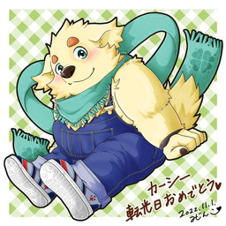 anthro blush chibi clothing fur male overalls scarf sitting slightly_chubby solo yellow_body yellow_fur mijinkoooknijim lifewonders tokyo_afterschool_summoners cu_sith_(tas) bird_dog canid canine canis domestic_dog golden_retriever hunting_dog mammal retriever 1:1