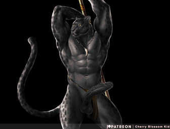 abs anthro balls big_penis black_background black_body black_fur black_glans black_lips black_nipples black_nose black_spots bottomwear bottomwear_aside clothed clothing clothing_aside crotch_apron ear_piercing ear_ring erection foreskin fur genitals glans gold_(metal) gold_jewelry grey_balls grey_body grey_fur grey_penis hands_behind_head humanoid_genitalia humanoid_penis ineffective_clothing ineffective_loincloth jewelry lips loincloth loincloth_aside long_penis male melanistic melee_weapon muscular muscular_anthro muscular_male navel necklace nipples pecs penis piercing polearm pose raised_arm raised_arms ring_piercing simple_background solo spots standing tooth_necklace topless tribal tribal_jewelry tribal_necklace unretracted_foreskin vein veiny_penis weapon yellow_eyes cherry_blossom_kid felid leopard mammal pantherine