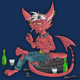 3_fingers alcohol anthro athletic belt beverage biped bottomwear broken_horn buckle chain chain_accessory chest_tuft cigarette claws clothed clothing collar container cup damaged denim denim_bottomwear denim_clothing drunk ear_piercing facial_hair fangs feet fingers front_view green_eyes hair half_naked holding_object horn jeans jewelry leather leather_collar legwear long_tail male markings not_furry notched_ear pants pawpads paws pecs piercing plantigrade red_body red_skin scar seam_(sewing) sewing_needle sharp_teeth simple_background sitting skinny smile smirk smoking solo spade_tail spiked_collar spikes spool stitch_(sewing) striped_markings striped_tail stripes substance_intoxication surgical_suture tail tail_markings tattoo teeth thread tire toe_claws toes tools topless topless_male torn_bottomwear torn_clothing torn_jeans torn_pants transparent_background tuft wheel white_hair wrench yellow_eyes yellow_sclera krolik lachendesreh demon humanoid imp 1:1 2026 alpha_channel digital_drawing_(artwork) digital_media_(artwork) hi_res portrait signature