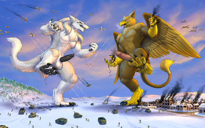 5_fingers abs aircraft airplane anthro armored_vehicle balls beak biceps biped brown_body brown_fur building building_destruction cannon city_crushing claws crush destruction duo erection extreme_size_difference feathered_wings feathers feet finger_claws fingers fur genitals humanoid_genitalia humanoid_penis landscape_dwarfing machine macro macro_anthro male muscular muscular_anthro muscular_male nude open_mouth outside pawpads paws pecs penis plant rampage ranged_weapon size_difference sky smile stomping tail tank_(vehicle) toe_claws toes turret vehicle vehicle_crash vehicle_destruction weapon white_body white_fur wings rollwulf mythology carpo kill_(sergal) avian gryphon mythological_avian mythological_creature sergal hi_res