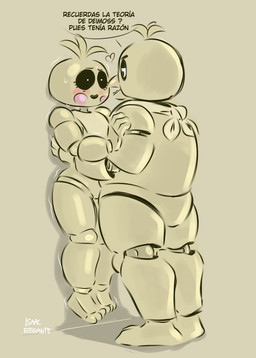 against_surface against_wall anthro beak beakless blush bodily_fluids clothed clothing dialogue duo female female/female intimidation machine simple_background size_difference sweat teeth text yellow_body vulgar_isaac five_nights_at_freddy's five_nights_at_freddy's_2 scottgames chica_(fnaf) toy_chica_(fnaf) animatronic avian bird chicken galliform gallus_(genus) phasianid robot 2022 digital_media_(artwork) hi_res spanish_text translation_check translation_request