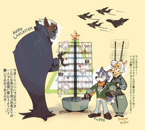aircraft airplane ambiguous_gender anthro biped clothed clothing fully_clothed group machine male size_difference standing text vehicle hideki_kaneda antelope bat bovid canid canine canis domestic_dog humanoid mammal vampire 2020 japanese_text