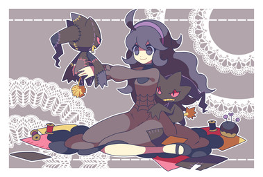 5_fingers accessory ambiguous_gender black_clothing black_dress black_footwear black_shoes breasts clothed clothed_female clothed_human clothing doll dress eye_bags female female_human fingers footwear fully_clothed fully_clothed_female fully_clothed_human group hair hair_accessory hairband headband holding_object holding_plushie long_hair plushie puppet purple_eyes purple_hair purple_hairband red_eyes sitting small_breasts spiral spiral_eyes wariza dadadanoda nintendo pokemon hex_maniac banette generation_3_pokemon human mammal pokemon_(species) 2013
