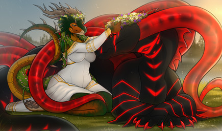 4_toes ambiguous_gender anthro big_breasts biped black_body breasts claws clothed clothed_anthro clothed_female clothing dress duo feet female feral green_body green_tail holding_object horn kneeling lying non-mammal_breasts on_front orange_eyes outside pawpads paws quadruped raining red_horn tail thick_thighs toe_claws toes wide_hips padjetxharrington mythology dragon mythological_creature mythological_scalie scalie 2025 digital_media_(artwork) hi_res male_(lore)