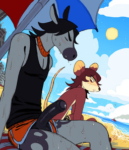 anthro beach beach_umbrella bodily_fluids cloud detailed_background dripping duo erection erection_through_clothing genital_fluids genitals hair long_hair looking_at_genitalia male muscle_shirt outside parasol penis precum precum_drip public sky summer sweat umbrella jojoekaki equid equine horse mammal mouse murid murine rodent absurd_res hi_res