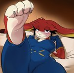 4_toes anthro apron barefoot bed bedroom_eyes blue_apron blue_clothing blush blush_lines body_blush breasts buckteeth claws clothed clothing countershade_feet countershading curling_toes feet female foot_blush foot_fetish foot_focus fur furniture gloves handwear hindpaw light looking_at_viewer lying lying_on_bed narrowed_eyes navel_outline on_back on_bed one_leg_up paws presenting raised_foot raised_leg red_body red_fur seductive simple_background smile smiling_at_viewer soles solo teeth thick_thighs toe_claws toes white_soles yoelrabbit amanda_(yoelrabbit) lagomorph leporid mammal rabbit absurd_res hi_res lighting shaded soft_shading