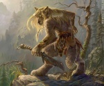 anthro blonde_hair bracelet canid canine canis detailed_background ear_piercing forest fur gugu-troll hair hairy holding_object holding_weapon jewelry knife looking_at_viewer looking_back male mammal melee_weapon mythological_canine mythological_creature mythology nature outside piercing plant reverse_grip scenery solo tail tan_body tan_fur tree tribal tribal_clothing weapon were werecanid werecanine werewolf wolf wood
