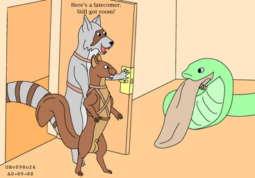 almost_fully_inside animal_genitalia anthro balls brown_body brown_fur door feet feral feral_pred feral_prey fur genitals green_body green_scales grey_body grey_fur group harness harness_only head_first inside larger_pred male male/male nude_male oral_vore penis scales sheath size_difference smile surprised tail vore urbanhermit mammal procyonid raccoon reptile rodent scalie sciurid snake tree_squirrel 2000 colored dated