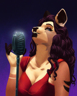 anthro biped black_fingers black_nose blue_eyes breasts brown_body brown_fur cleavage clothed clothing dress electronics eyeshadow female fur hair inner_ear_fluff long_hair looking_aside makeup microphone purple_background purple_hair red_clothing red_dress simple_background smile solo tan_body tan_fur tuft guyinvintageclothes deer mammal 2023 digital_media_(artwork) half-length_portrait hi_res portrait shaded signature