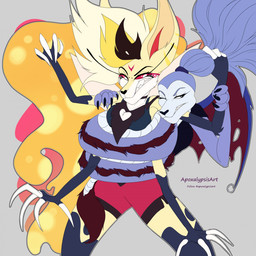 all anthro apode battle boss female feral fight heaven legless macro micro serpentine apoxalypsisart all_dogs_go_to_heaven don_bluth hellaverse helluva_boss belladonna_(all_dogs_go_to_heaven) queen_bee-lzebub_(helluva_boss) arthropod bee canid canine canis domestic_dog draconcopode hymenopteran insect mammal naga 1:1 hi_res