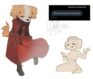 anthro art_request bottomwear clothing dress eyes_closed eyewear female flower flower_crown fur gesture glasses hair hand_gesture holding_bottomwear holding_clothing holding_object holding_skirt looking_at_viewer plant ponytail red_clothing red_dress scarf simple_background skirt tail text thumbs_up white_body white_fur winter_clothing yellow_body yellow_fur ashalexly aggretsuko sanrio twitter inui_(aggretsuko) canid canine mammal colored english_text hi_res sketch