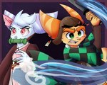 anthro claws duo female green_eyes male melee_weapon red_eyes stripes sword weapon theartyoshi demon_slayer kimetsu_no_yaiba ratchet_and_clank sony_corporation sony_interactive_entertainment kamado_tanjirou nezuko_kamado ratchet_(ratchet_and_clank) rivet_(ratchet_and_clank) tanjiro_kamado lombax mammal 5:4 crossover hi_res