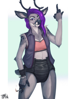 abdl alternative_fashion anthro black_diaper cigarette clothed clothing diaper female fur gesture goth grey_body grey_fur hair hand_gesture middle_finger punk purple_eyes purple_hair smoking solo wearing_diaper therian_bitch deer mammal hi_res