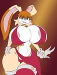 big_breasts breasts brown_eyes brown_hair clothed clothing female floppy_ears gloves hair handwear lop_ears mature_female nipples partially_clothed pink_nipples simple_background small_waist solo thong underwear imric1251 sega sonic_the_hedgehog_(series) vanilla_the_rabbit canid canine canis domestic_dog lagomorph leporid mammal rabbit hi_res