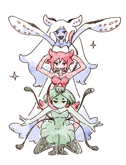 arms_out bare_shoulders belly_cutout blue_body breasts cleavage clothed clothing crouching cutout dress feet_together female green_body green_clothing green_dress green_hair grin group hair hands_behind_head head_tentacle long_hair looking_at_viewer open_mouth open_smile pink_body pink_hair pose red_eyes sharp_teeth short_hair simple_background smile strapless_clothing strapless_dress teeth tentacle_arms tentacles trio white_background white_clothing white_dress white_hair zunda omori_(game) marina_(omori) medusa_(omori) molly_(omori) animal_humanoid aquatic aquatic_humanoid cephalopod cephalopod_humanoid cnidarian cnidarian_humanoid goo_creature humanoid jellyfish_humanoid medusozoan medusozoan_humanoid mollusk mollusk_humanoid octopus_humanoid hi_res painting_(artwork) watercolor_(artwork)