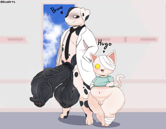 accessory anthro balls bandage bandage_on_face bandaged_leg bedroom_eyes big_balls big_butt big_penis black_body black_ears black_eyes black_fur black_necktie black_nose blue_clothing bodily_fluids body_hair bottomless butt clothed clothing clothing_lift cloud coat day doctor doctor's_coat duo foreskin fur genitals glans grey_nipples hairy_balls half-closed_eyes hand_in_pocket hospital_gown huge_balls huge_penis humanoid_genitalia humanoid_penis hyper hyper_balls hyper_genitalia hyper_penis inside looking_at_another looking_at_genitalia looking_at_penis male male/male micropenis mismatched_ears multicolored_body multicolored_ears multicolored_fur musk narrowed_eyes navel necktie nipples partially_clothed patient penis pockets pubes purple_eyes scrotum_flap seductive shortstack shortstack_male small_balls small_penis smile standing stray_pubes sweat tail text thick_thighs three-quarter_view tongue topwear topwear_lift two_tone_body two_tone_ears two_tone_fur vein veiny_penis white_body white_clothing white_coat white_ears white_fur white_tail white_topwear window yellow_sclera axoarts bruno_(axoarts) hugo_(axoarts) canid canine canis dalmatian domestic_cat domestic_dog felid feline felis mammal 2026 artist_name character_name digital_media_(artwork) hi_res