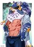 abs anthro bodily_fluids bottomwear bulge clothed clothing feathers jewelry male midriff muscular muscular_anthro muscular_male neck_tuft open_clothing open_shirt open_topwear pants pecs shirt solo sweat tail tail_feathers topwear tuft 1boshi lifewonders tokyo_afterschool_summoners horus_(tas) avian 2020 digital_media_(artwork)