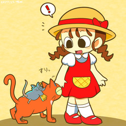 anthro chibi clothing dress exclamation_point female feral group hat headgear headwear male pigtails text satomi_(pixiv) mad_rat_dead nippon_ichi_software little_girl_(mad_rat_dead) mad_rat_(mad_rat_dead) domestic_cat felid feline felis human mammal murid murine rat rodent 1:1 japanese_text