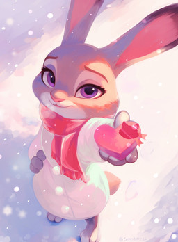 3_toes 4_fingers anthro barefoot box_of_chocolates breath candy chocolate clothed clothing coat dessert eyebrows eyelashes feet female female_anthro fingers food fully_clothed fur grey_body grey_fur high-angle_view holidays long_ears looking_at_viewer multicolored_body multicolored_fur outside paws pink_nose plantigrade purple_eyes reaching_towards_viewer scarf scut_tail short_tail smile snow snowing solo standing tail text three-quarter_view toes topwear twitter_handle two_tone_body two_tone_fur white_body white_fur winter tomoe00022 disney valentine's_day zootopia judy_hopps european_rabbit lagomorph leporid mammal oryctolagus rabbit 2026 artist_name hi_res