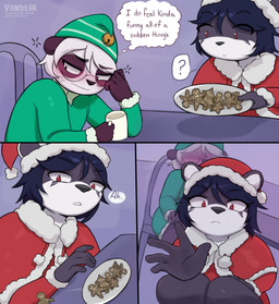 3_panel_comic anthro black_body black_fur blue_hair christmas_clothing christmas_headwear clothing dot_eyes duo elf_costume eye_spots female femboy fur hair hat headgear headwear holidays inner_monologue male multicolored_body multicolored_fur narrowed_eyes nervous nervous_smile open_mouth purple_body purple_fur santa_hat simple_eyes text thinking thought_bubble two_tone_body two_tone_fur white_body white_fur white_hair wide_eyed pandear christmas louis_(pandear) bear giant_panda mammal comic english_text hi_res