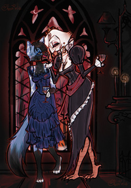 alcohol anthro beak beverage black_body black_fur black_hair blue_body blue_fur bodily_fluids claws clothing container countershading crown cup dress drinking_glass duo ear_piercing eyelashes feathers female female/female fox_tail fur glass glass_container glass_cup hair headgear jewelry kissing multicolored_body multicolored_fur necklace piercing red_eyes saliva saliva_string short_hair size_difference white_body white_feathers white_hair wine wine_glass chocorollie hellaverse the_lesser_key_of_solomon puzzle_(notermy) vilhelmina avian bird canid canine demon fox mammal owl owl_demon absurd_res hi_res