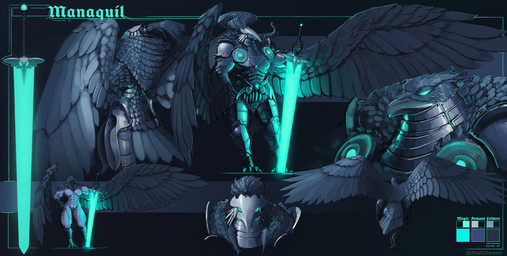 abs anthro armor big_breasts black_body black_feathers breasts feathers featureless_breasts featureless_crotch female glowing glowing_eyes glowing_weapon headgear helmet huge_thighs multiple_angles muscular muscular_anthro muscular_female non-mammal_breasts nude_anthro plate_armor solo spread_wings text thick_thighs white_body wide_hips wings glewes avian bird corvid corvus_(genus) oscine passerine raven english_text hi_res model_sheet