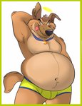 anthro belly big_belly bulge clothing fangs fur halo hand_behind_head jewelry looking_at_viewer male navel necklace notched_ear overweight overweight_anthro overweight_male slightly_chubby slightly_chubby_anthro slightly_chubby_male smile smiling_at_viewer solo standing teeth tongue tongue_out underwear remmyfox all_dogs_go_to_heaven don_bluth charlie_barkin canid canine canis domestic_dog german_shepherd herding_dog mammal pastoral_dog 2023 hi_res