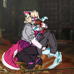 accessory anthro blonde_hair blood blue_body blue_eyes blue_scales bodily_fluids bone_frill bracelet brown_hair business_suit clothing collar dress duo eyewear female frill_(anatomy) glasses grey_clothing grey_jacket grey_topwear hair hair_accessory hairband jacket jewelry long_tail magenta_body magenta_scales makeup male mascara medium_hair multicolored_body multicolored_scales necktie purple_eyes round_glasses running_makeup running_mascara scales spiked_bracelet spiked_collar spiked_tail spikes spikes_(anatomy) suit tail tears topwear two_tone_body two_tone_scales white_body white_scales vexcorp cavemanon_studios i_wani_hug_that_gator ivan_the_terrible_and_his_son_ivan benjamin_mcknight mia_moretti dinosaur hadrosaurid ornithischian ornithopod parasaurolophus prehistoric_species reptile scalie 1:1 2026 hi_res