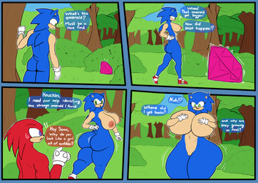 anthro big_breasts big_butt blue_body breast_expansion breasts butt butt_expansion crossgender emerald_(gem) expansion female forest gem gender_transformation huge_breasts mtf_crossgender mtf_transformation plant red_body text thick_thighs thigh_expansion transformation tree reasue sega sonic_the_hedgehog_(series) knuckles_the_echidna sonic_the_hedgehog echidna eulipotyphlan hedgehog mammal monotreme 2026 comic english_text hi_res