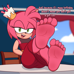 5_toes anthro barefoot bedroom_eyes blush cake chair clothed clothing dessert dress eyelashes feet female food foot_fetish foot_focus fur furniture green_eyes humanoid_feet narrowed_eyes pink_body pink_fur plantigrade presenting seductive soles solo table teasing teeth text toes window aplasticspork sega sonic_the_hedgehog_(series) amy_rose eulipotyphlan hedgehog mammal 1:1 absurd_res english_text hi_res