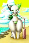 3_toes anthro baseball_bat bat_(object) beach bikini biped breasts clothing detailed_background feet female food fruit fur green_eyes holding_food holding_object looking_at_viewer melon navel outside plant sand seaside sky solo standing suikawari swimwear text toes two-piece_swimsuit water watermelon white_body white_fur wide_hips cocolog handymonsters anne_(cocolog) mammal unknown_species 2014