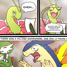 ambiguous_gender annoyed anthena anthro bodily_fluids dialogue duo eyewear fangs feral fire gesture glasses green_body handshake humor judgemental_look long_neck male panicking petals red_eyes scared slander smug sweat teeth text yellow_eyes blitzdrachin conditional_dnp 2024_pokemon_gigaleak nintendo pokemon dinosaur gardevoir generation_2_pokemon generation_3_pokemon humanoid meganium pokemon_(species) prehistoric_species ralts reptile scalie typhlosion 1:1 comic english_text hi_res meme