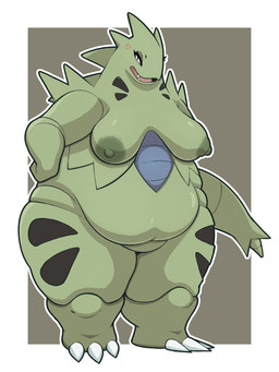 anthro areola black_eyes breasts claws cross-popping_vein fangs featureless_crotch female green_areola green_body green_nipples hand_on_hip huge_thighs looking_at_viewer nipples non-mammal_breasts nude open_mouth overweight overweight_female pokemorph solo spikes spikes_(anatomy) standing tail teeth thick_tail thick_thighs wide_hips behniis nintendo pokemon generation_2_pokemon pokemon_(species) scalie tyranitar absurd_res hi_res