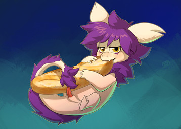 animal_genitalia baguette bedroom_eyes bread curled_tail erection eye_markings feral food fur genital_slit genitals half-closed_eyes holding_food holding_object hug hugging_object looking_at_viewer male markings narrowed_eyes neck_tuft penis pointy_ears purple_body purple_fur seductive simple_background small_penis solo tail tail_tuft tuft white_body yellow_eyes apis_(artist) mythology pierre_(spongepierre) dragon furred_dragon furred_scalie mythological_creature mythological_scalie scalie hi_res signature