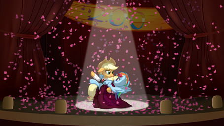 blonde_hair blue_body blue_feathers blue_fur clothed clothing cowboy_hat dancing dress duo eye_contact feathered_wings feathers female feral fur green_eyes hair hat headgear headwear looking_at_another multicolored_hair orange_body orange_fur purple_eyes rainbow_hair stage wings thediscorded friendship_is_magic hasbro my_little_pony mythology applejack_(mlp) rainbow_dash_(mlp) earth_pony equid equine horse mammal mythological_creature mythological_equine pegasus pony 16:9 2013 absurd_res hi_res widescreen