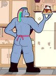 apron butt clothed clothing detailed_background female food hair holding_food holding_object looking_at_viewer not_furry solo text lewdware cartoon_network steven_universe bismuth_(steven_universe) alien alien_humanoid bismuth_(gem_species) gem_(species) humanoid 2022 digital_media_(artwork) english_text hi_res shaded signature video_in_description