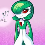 female green_hair hair hair_over_eye hands_behind_back heart_eyes heart_symbol looking_at_viewer not_furry one_eye_obstructed pink_background red_eyes simple_background smile smiling_at_viewer solo kuperseeper nintendo pokemon gardevoir generation_3_pokemon humanoid pokemon_(species) 1:1 2021 hi_res