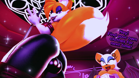 angry anthro balls bat_wings big_breasts bodysuit breasts bright_light butt butt_focus clothing dancing detailed_background dialogue duo female femboy genitals hand_symbol looking_back male membrane_(anatomy) membranous_wings neon_lights nightclub piercing pole pole_dancing seductive skinsuit smile smiling_at_viewer speech_bubble text thick_thighs tight_clothing wings michmachape sega sonic_the_hedgehog_(series) miles_prower rouge_the_bat bat canid canine fox humanoid mammal 3d_(artwork) digital_media_(artwork) hi_res