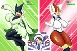 anthro big_breasts breasts butt featureless_breasts female green_body group holding_object holding_pokeball looking_at_viewer open_mouth pokeball purple_eyes red_body red_eyes text thick_thighs trio white_body horndogo36 nintendo pokemon cinderace generation_8_pokemon generation_9_pokemon human mammal meowscarada pokemon_(species) 3:2 absurd_res english_text hi_res