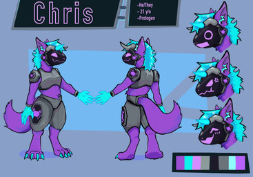 amputee anthro blue_hair broken_horn crab_claw disability fur hair horn machine male purple_body purple_eyes purple_fur simple_background solo mkay chris_(crabwater) protogen hi_res model_sheet