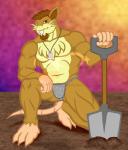 2019 anthro anthrofied asian_clothing barefoot biceps biped body_hair brown_eyes brown_hair buckteeth bulge chest_hair clothed clothing digital_media_(artwork) digrat_(twitch_plays_pokemon) dog_tags east_asian_clothing facial_hair feet fundoshi fur generation_1_pokemon goatee hair hi_res holding_object japanese_clothing kingdomxathers kneeling looking_at_viewer male mammal mostly_nude muscular muscular_anthro muscular_male nintendo outside pecs pokemon pokemon_(species) pokemorph raticate rodent shovel simple_background smile solo teeth tools topless twitch_plays_pokemon underwear whiskers