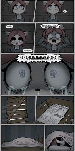 anthro bed blue_eyes boarded_window bodily_fluids bookshelf breasts broken_smile cleavage clothed clothing crazy_eyes crying crying_laughing cute_fangs dark depression drugs eye_bags eyeshadow fangs female freckles furniture giggle hysterical insane laugh madness makeup mind_break natural_breasts newspaper parody pillow pills smile solo syringe tears teeth under_covers window e254e the_shambler_from_the_stars domestic_cat felid feline felis mammal absurd_res hi_res