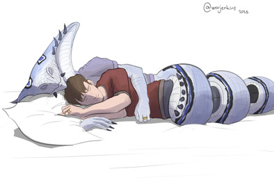 anthro apode arm_around_partner bed brown_hair claws clothed clothing coiling cuddling digit_ring duo eyes_closed furniture hair happy husband_and_husband interspecies jewelry larger_anthro legless lying male male/male married_couple on_bed on_side pillow ring scales serpentine size_difference sleeping smaller_human smile snake_hood wedding_ring white_body white_scales warjenkins x-com viper_king draconcopode human humanoid mammal naga scalie viper_(x-com) 2025 absurd_res digital_media_(artwork) hi_res signature
