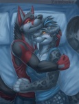 amber_eyes anthro bed big_fangs bird's-eye_view black_nose blush bottomwear breasts canid canine canis claws clothed clothing cuddling digital_media_(artwork) duo embrace fangs felid female fur furniture grey_body grey_fur hair half-length_portrait hi_res high-angle_view hug love male male/female mammal pants paws pillow portrait romantic romantic_couple shirt side_view simple_background skirt smile teeth topwear wolf zambuka